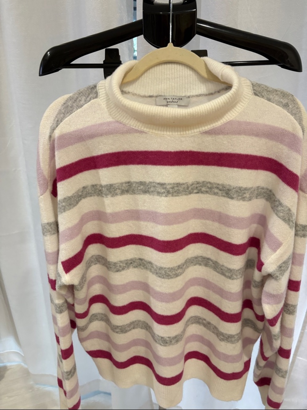 Ann Taylor Cream Crewneck Sweater with Pink, Magenta and Gray Stripes